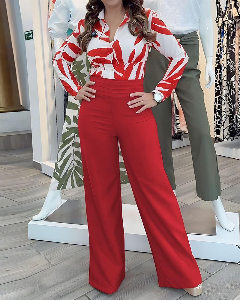 Floral Print Turn-down Collar Long Sleeve Blouses and Casual High Waist Zipper Pants Set, women Two-piece Sets, ChicMe catalog