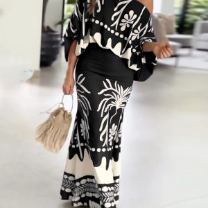 2 Pieces Outfit Tropical Print Lantern Sleeve Cold Shoulder Loose Top and Casual High Waist Fishtail Maxi Skirt Set, women Two-piece Sets, ChicMe catalog