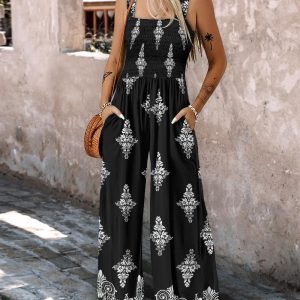 Graphic Print Square Neck Thick Strap Shirred Jumpsuit Wide Leg Overalls with Pockets, women Jumpsuits, ChicMe catalog