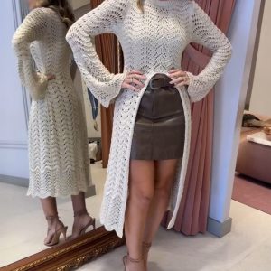 Round Neck Asymmetrical Hem Hollow Out Knitted Sweater Casual Scallop Trim Bell Sleeve Top, women Sweaters & Cardigans, ChicMe catalog