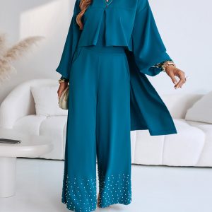 2 Pieces Outfit Lantern Sleeve High-Low Hem Pleated Hollow-out Back Top and Casual Pearls Decor Elastic Back Waist Wide Leg Pants Set, women Two-piece Sets, ChicMe catalog