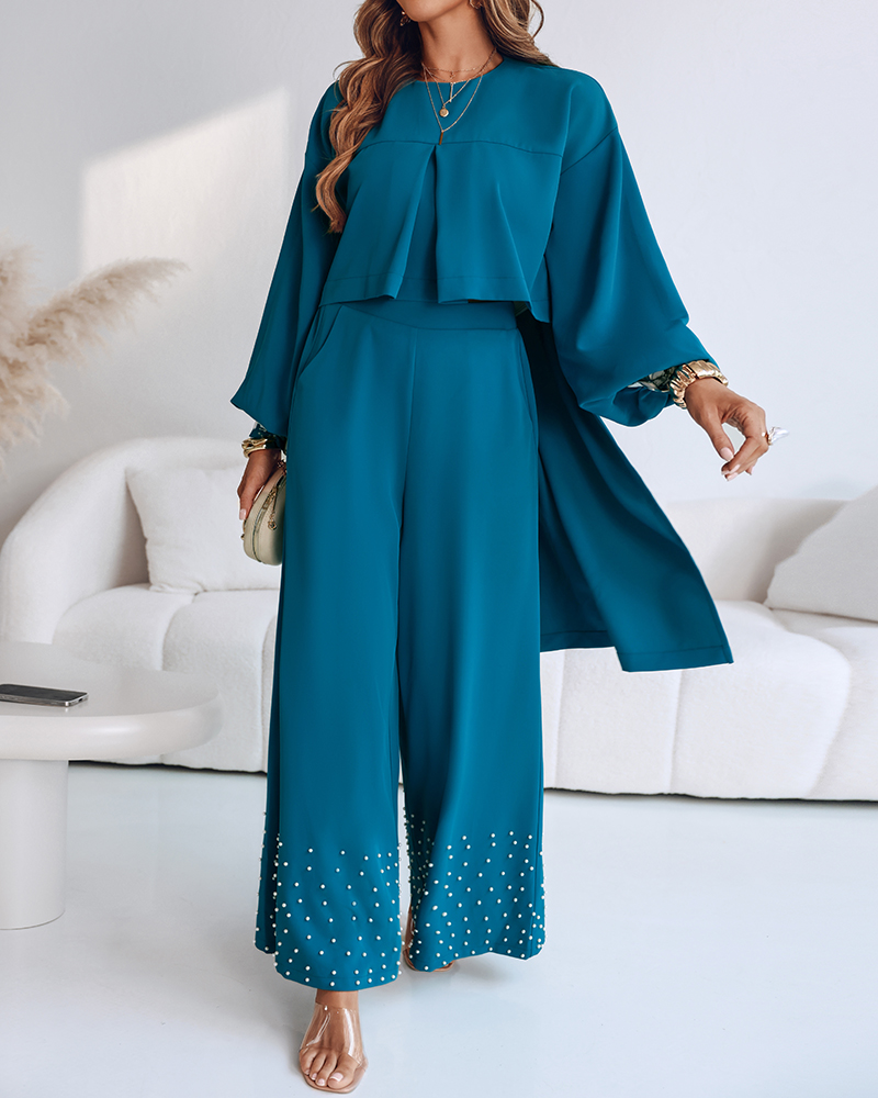 2 Pieces Outfit Lantern Sleeve High-Low Hem Pleated Hollow-out Back Top and Casual Pearls Decor Elastic Back Waist Wide Leg Pants Set, women Two-piece Sets, ChicMe catalog