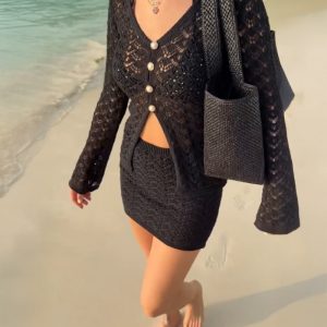 2 Pieces Outfit Deep V-Neck Flare Sleeve Half Pearl Button Front Slit Top and Elastic Waist Skirt Set Casual Slim Fit Knit Set, women Two-piece Sets, ChicMe catalog