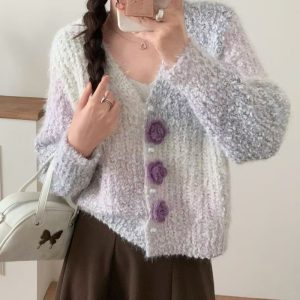 Ombre 3D Floral Dec Casual Pearls Cardigan, women Sweaters & Cardigans, ChicMe catalog