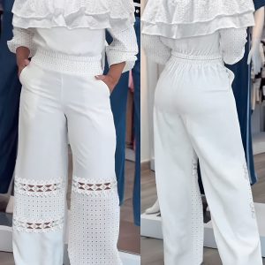 Off Shoulder Long Sleeve Ruffles Top and Casual Hollow-out Pants Set with Pockets, women Two-piece Sets, ChicMe catalog