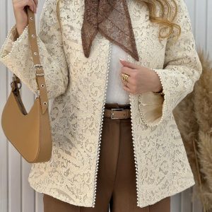 Plus Size Open Front Pearls Trim Lace Overlay Jacket Casual Cinched Waist Coat, women Jackets&Coats, ChicMe catalog