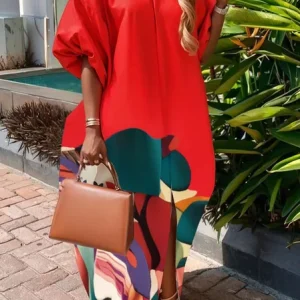 Vacation Floral Printing Maxi Dress, Maxi Dresses, color:Red|size:XXL, Stylewe