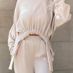 Casual Plain Drawstring Crew Neck Sweatshirt, Hoodies and Sweatshirts, color:Apricot|size:XXL, Stylewe
