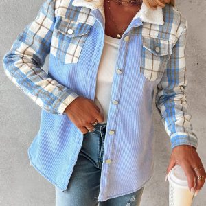 Colorblock Plaid Pattern Corduroy Shacket Long Sleeve Button Down Fleece Lined Jackets Warm Coat, women Jackets & Coats, ChicMe catalog