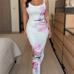 Floral Print U-Neck Spaghetti Strap Side Slit Vacation Dress Slim Fit Ribbed Cami Dress, women Print Dresses, ChicMe catalog