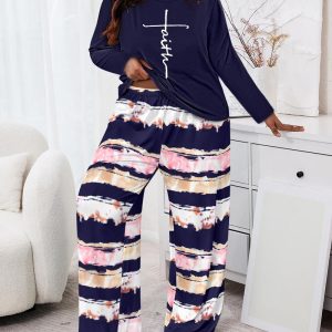 2 Pieces Outfit Floral Print Long Sleeve T Shirt and Ombre Print Loose Fit Pants Set, women Loungewear, ChicMe catalog