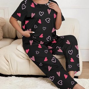 Plus Size Heart Print Short Sleeve Pajamas Set, women Loungewear, ChicMe catalog