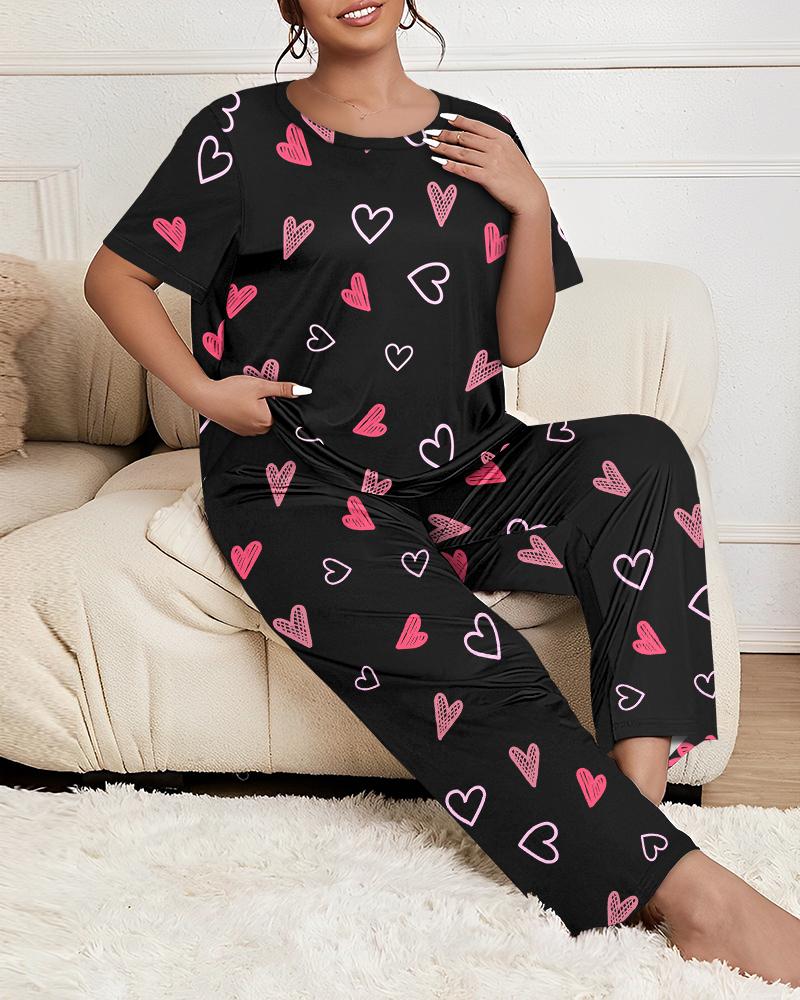 Plus Size Heart Print Short Sleeve Pajamas Set, women Loungewear, ChicMe catalog