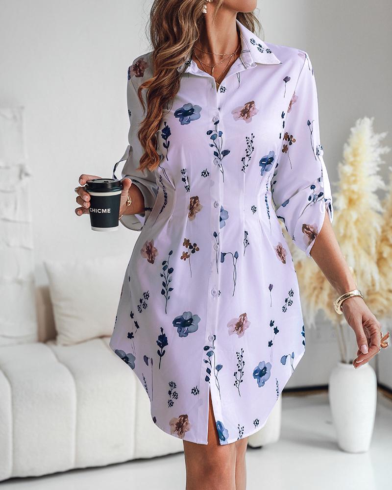 Watercolor Floral Print Turn-down Collar Turn-Up Sleeves Shirred Back Shirt Dress Casual Button Down Cinched Waist Asymmetrical Hem Vacation Dress, women Shirt Dresses, ChicMe catalog - Image 5