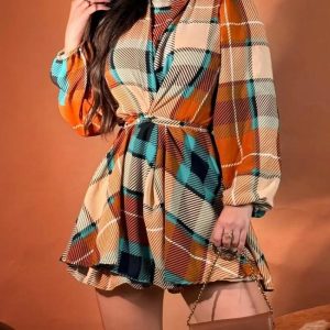 Colorblock Plaid Print Mock Neck Lantern Sleeve Ruched Party Dress Casual Cinched Waist Bakless Tied Detail A Line Dress, women Casual Dresses, ChicMe catalog