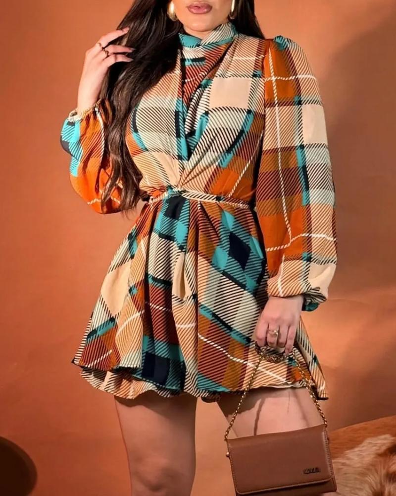 Colorblock Plaid Print Mock Neck Lantern Sleeve Ruched Party Dress Casual Cinched Waist Bakless Tied Detail A Line Dress, women Casual Dresses, ChicMe catalog