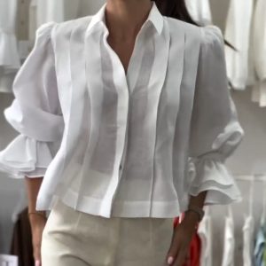 Turn-down Collar Puff Sleeve Loose Blouse Casual Pleated Linen Crop Top, women Blouses & Shirts, ChicMe catalog