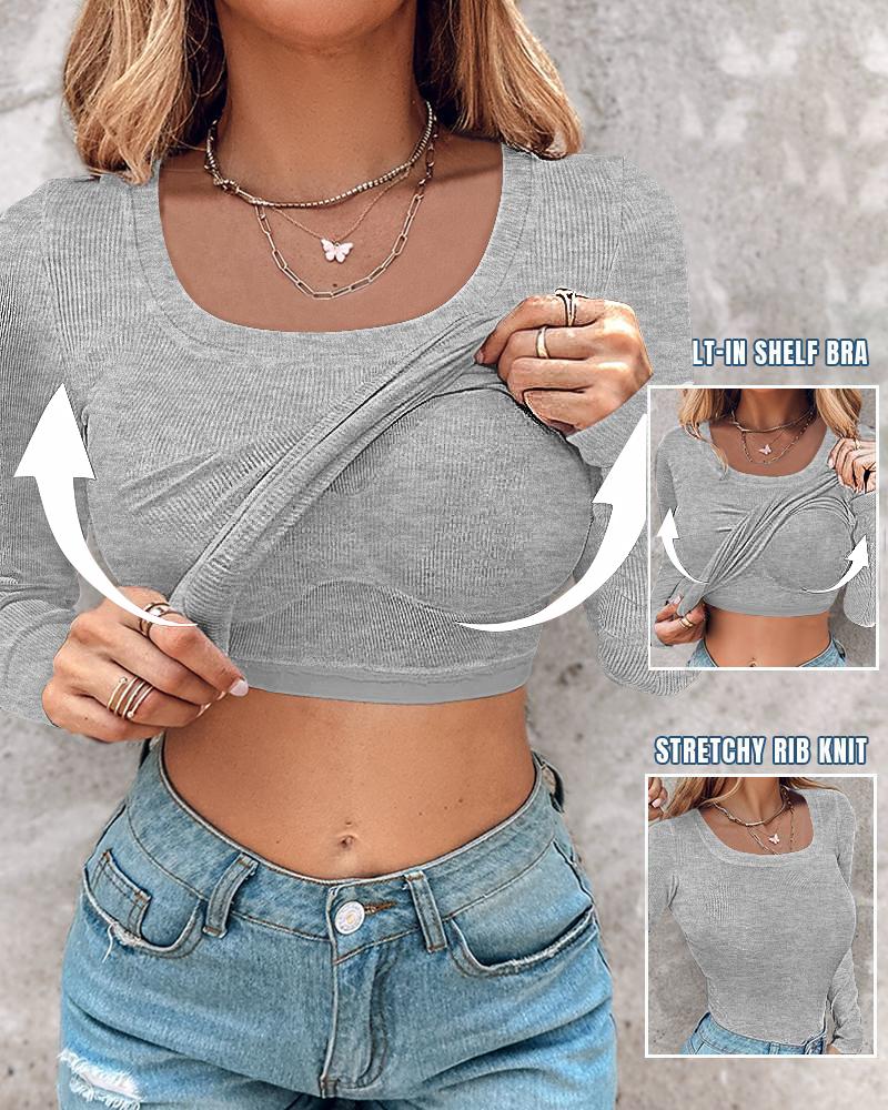 Built In Bra U Neck Tee High Stretchy Knit T-Shirt Long Sleeve Top, women T-shirt & Tees, ChicMe catalog - Image 7