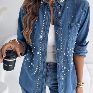 Pearls & Rhinestone Decor Turn-down Collar Button Front Denim Shirt Coat Casual Top, women Blouses & Shirts, ChicMe catalog