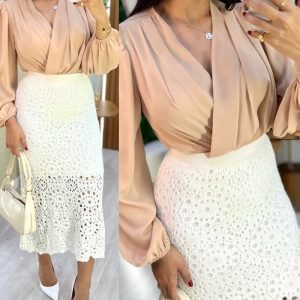 Crochet Pattern Elastic Waist Hollow-out Mid-Calf Skirt Casual Commuting Skirt, women Skirts, ChicMe catalog