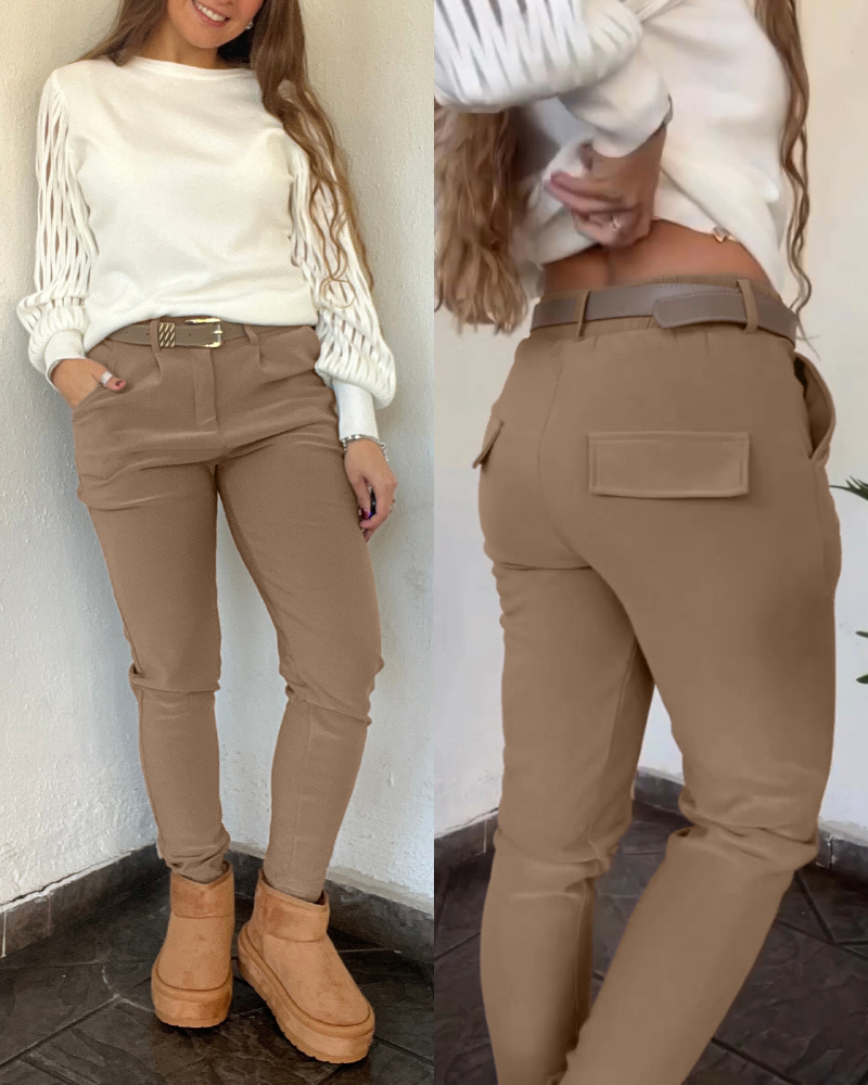 Elastic Waist Padded Stretch Slim Fit Calf Pants with Pocket, women Pants, ChicMe catalog