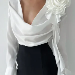 Elegant Plain 3D Floral Cowl Neck Blouse, Blouses and Shirts, color:White|size:XXL, Stylewe