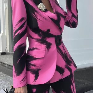 Elegant Printing Random Print Lapel Collar Blazer With Belt, Blazers, color:Black-pink|size:XXL, Stylewe