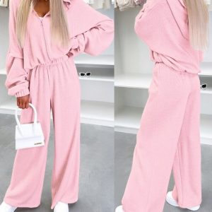 2 Pieces Outfit Drop Shoulder Zip Up Loose Hoodie Sweatshirt and Casual Elastic Waist Wide Leg Sweatpants Set, women Two-piece Sets, ChicMe catalog
