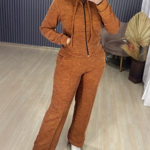 2 Pieces Outfit Long Sleeve Hooded Knit Cardigan and Casual Wide Leg Pants Set, women Two-piece Sets, ChicMe catalog