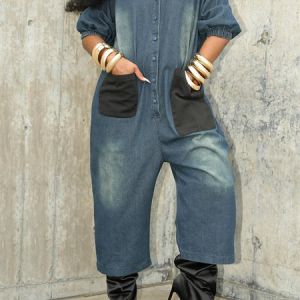 Casual Color Block Stand Collar Denim Jumpsuit, Jumpsuits, color:Denim Blue|size:XXL, Stylewe