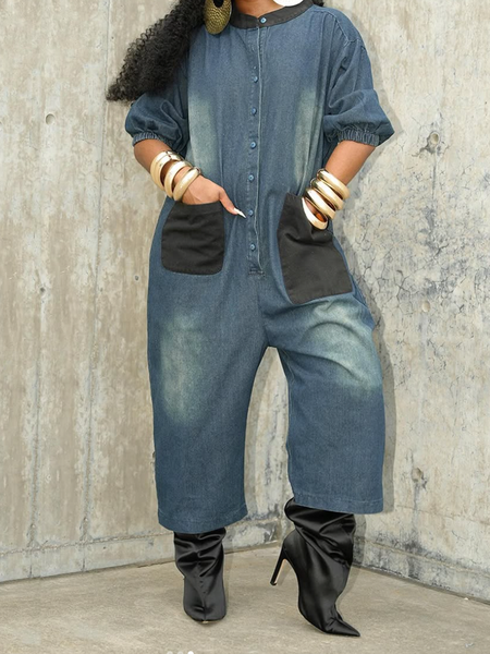 Casual Color Block Stand Collar Denim Jumpsuit, Jumpsuits, color:Denim Blue|size:XXL, Stylewe