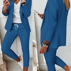 2 Piece Lapel Neck Blazer Coat & Drawstring Pants Set, women blazer set, ChicMe catalog