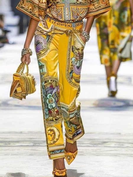 Urban Random Print Printing Straight Pants, Pants, color:Yellow|size:XXL, Stylewe