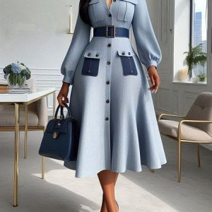 Urban Color Block Split Joint Midi Dress With Belt, Midi Dresses, color:Blue|size:XXL, Stylewe