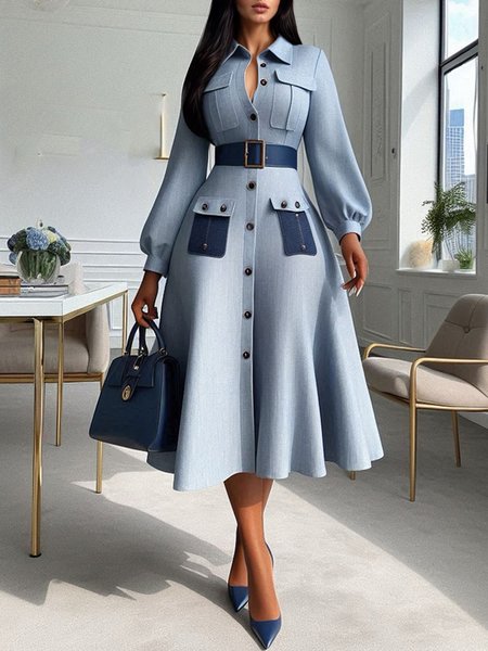 Urban Color Block Split Joint Midi Dress With Belt, Midi Dresses, color:Blue|size:XXL, Stylewe