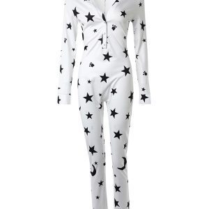 Star Moon Print V Neck Long Sleeve Jumpsuit Functional Buttoned Flap Adults Pajamas One Piece, women Pajama Rompers & Jumpsuits, ChicMe catalog