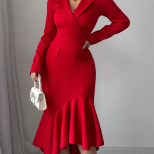 Elegant Plain Lapel Collar Midi Dress, Midi Dresses, color:Red|size:XXL, Stylewe
