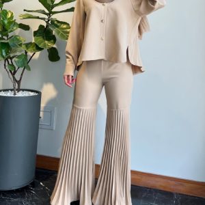 2 Pieces Outfit Stand Collar Button Front Pleated Back Slit Hem Top and Casual Elastic Back Waist Zipper Side Pleated Patchwork Wide Leg Pants Set, women Two-piece Sets, ChicMe catalog