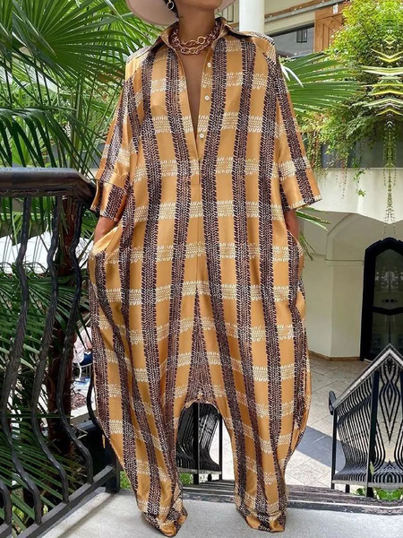 Casual Printing Geometric Shirt Jumpsuit, Jumpsuits, color:As Picture|size:XXL, Stylewe