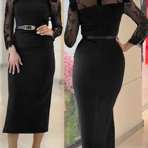High Neck Long Sleeve Lace Pattern Mesh Patchwork Chic Zipper Mid-Calf Dress, women Work Dresses, ChicMe catalog