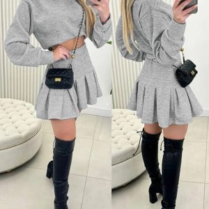 2 Pieces Outfit Long Sleeve High Neck Crop Sweatshirt and Casual Peated Mini Skirt Set, women Two-piece Sets, ChicMe catalog