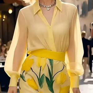 Urban Plain Shirt Collar  Shirt, Blouses and Shirts, color:Yellow|size:XXL, Stylewe