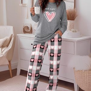 2 Pieces Outfit Good Night Slogan Print Long Sleeve Top and Plaid Print Elastic Waist Pants Set Casual Heart Print Pajamas Set, women Pajamas Sets, ChicMe catalog