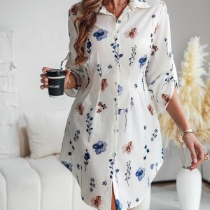 Floral Print Turn-down Collar Turn-Up Sleeves Shirred Back Dress Casual Button Down Cinched Waist Curved Hem Shirt Dress, women Shirt Dresses, ChicMe catalog