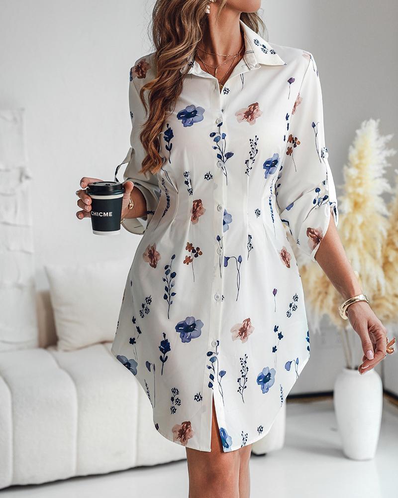 Watercolor Floral Print Turn-down Collar Turn-Up Sleeves Shirred Back Shirt Dress Casual Button Down Cinched Waist Asymmetrical Hem Vacation Dress, women Shirt Dresses, ChicMe catalog - Image 6