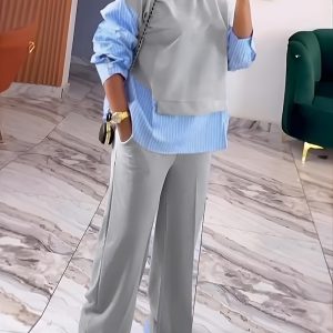 2 Pieces Outfit Striped Print Faux Two Piece Sweatshirt and Casual Wide Leg Pants Set, women Two-piece Sets, ChicMe catalog