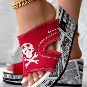 Newspaper Skull Raw Hem Platform Wedge Slippers, women Wedges Shoes, ChicMe catalog