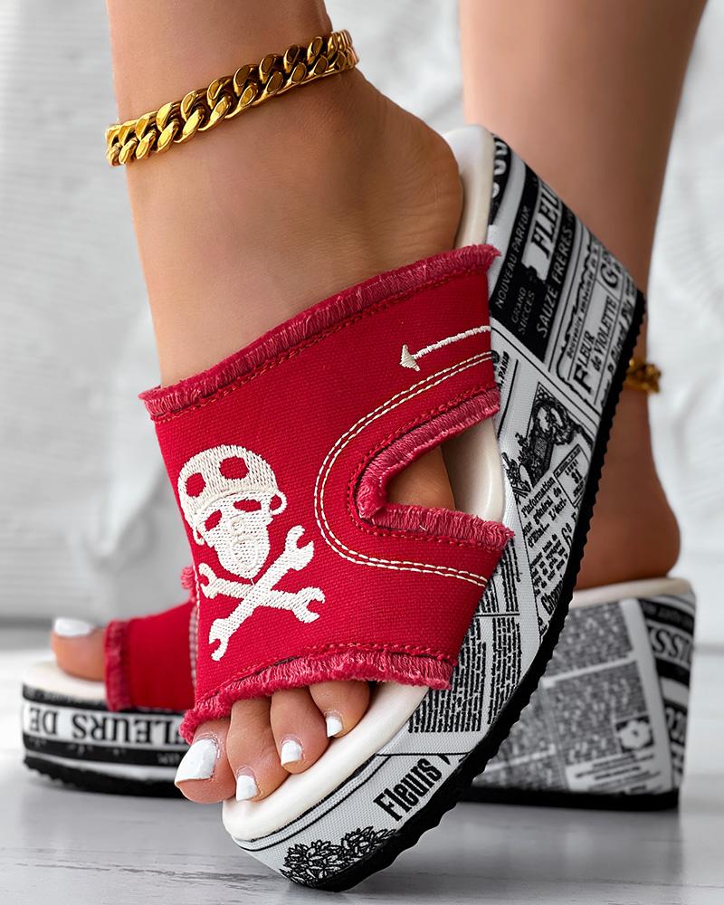 Newspaper Skull Raw Hem Platform Wedge Slippers, women Wedges Shoes, ChicMe catalog
