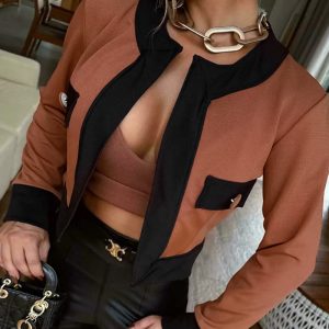2 Pieces Outfit Colorblock Open Front Cropped Jacket with Spaghetti Strap Bandeau, women Jackets & Coats, ChicMe catalog