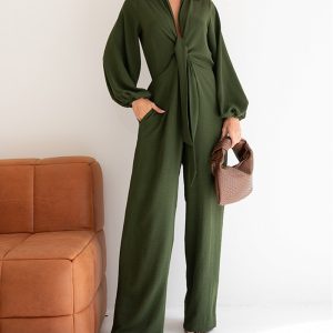Puff Sleeve Plunge V Neck Criss Cross Tied Detail Jumpsuit Casual Elastic Waist Wide Leg Romper, women Jumpsuits, ChicMe catalog